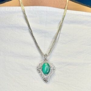CAROLYN POLLACK Sterling Silver Filigree Malachite Cross Pendant Liquid Chain